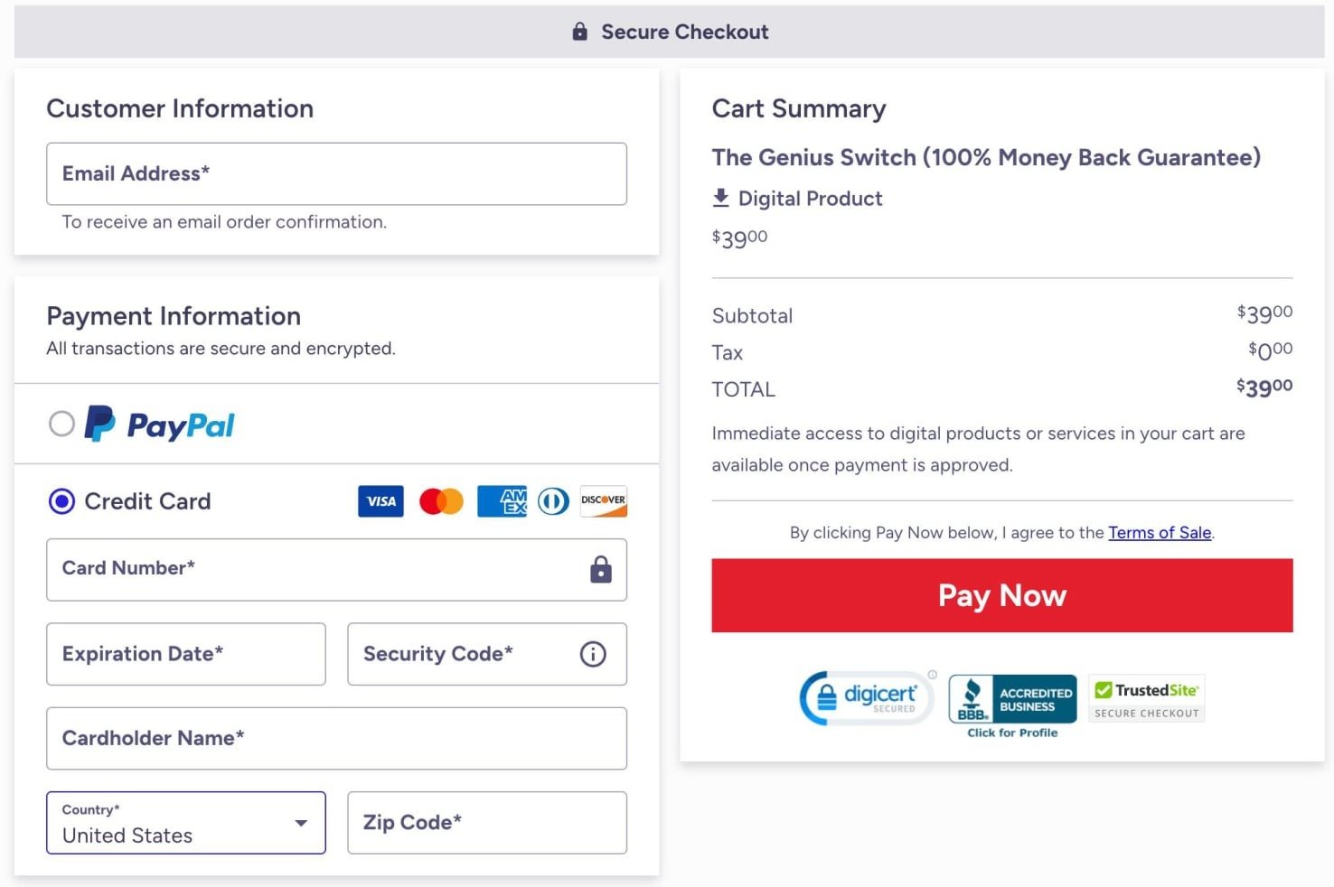 The Genius Switch checkout page